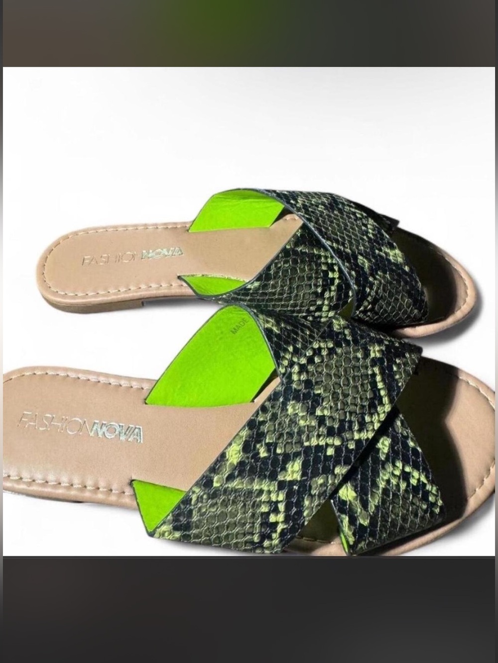 Fashion Nova Neon Green Snake-Print Slide Sandals